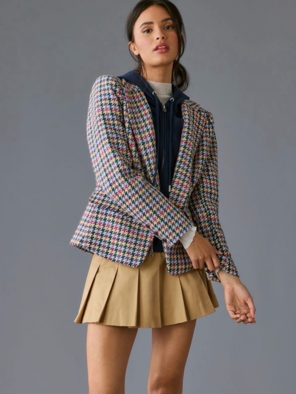 Anthropologie Houndstooth Blazer Jacket  in Pink Multi - Size Small